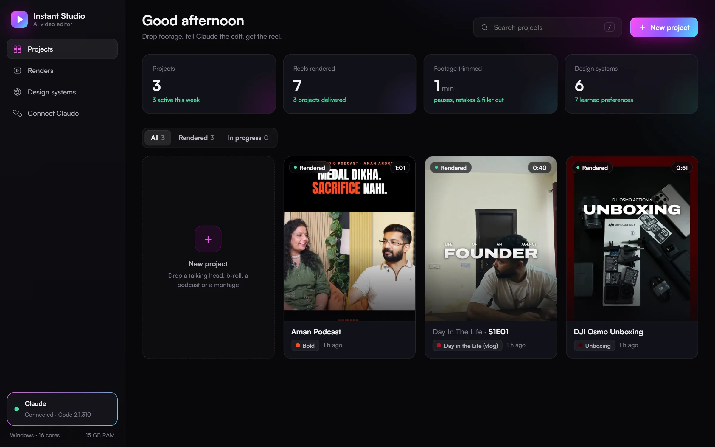 Project library with every reel, its status and design system